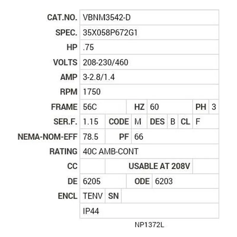 VBNM3542-D Baldor .75 HP, 1750 RPM, 3 PH, 60 HZ, 56C, 3514M, TENV, F3 Motor Nameplate - view 2