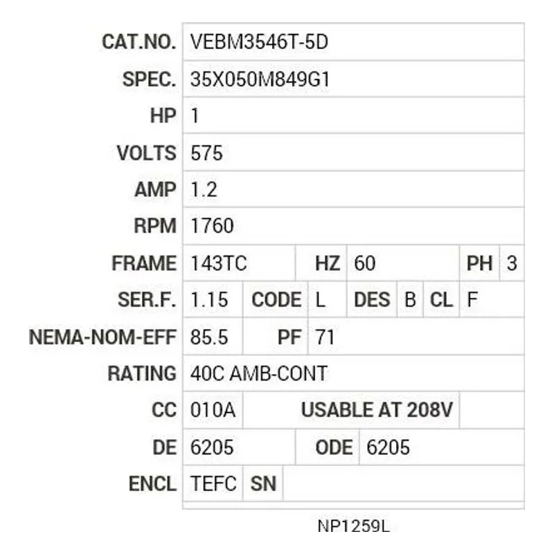 VEBM3546T-5D Baldor 1 HP, 1760 RPM, 3 PH, 60 HZ, 143TC, 3519M, TEFC, F3 Motor Nameplate - view 2