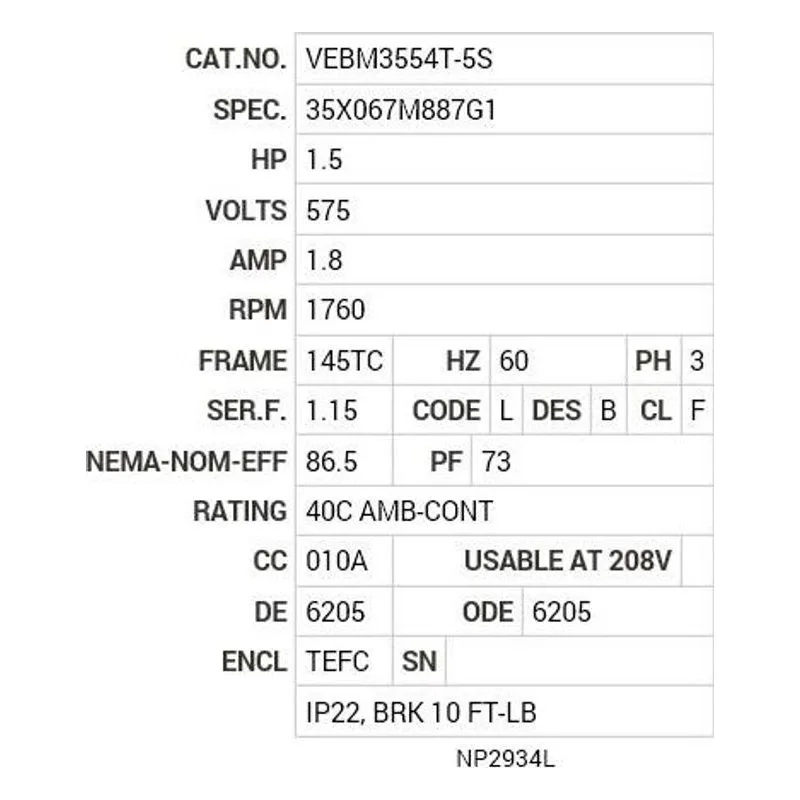 VEBM3554T-5S Baldor 1.5 HP, 1760 RPM, 3 PH, 60 HZ, 145TC, 3526M, TEFC Motor Nameplate - view 2