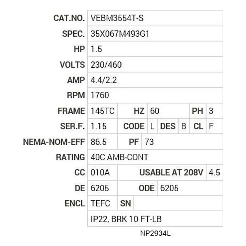 VEBM3554T-S Baldor 1.5 HP, 1760 RPM, 3 PH, 60 HZ, 145TC, 3526M, TEFC Motor Nameplate - view 2