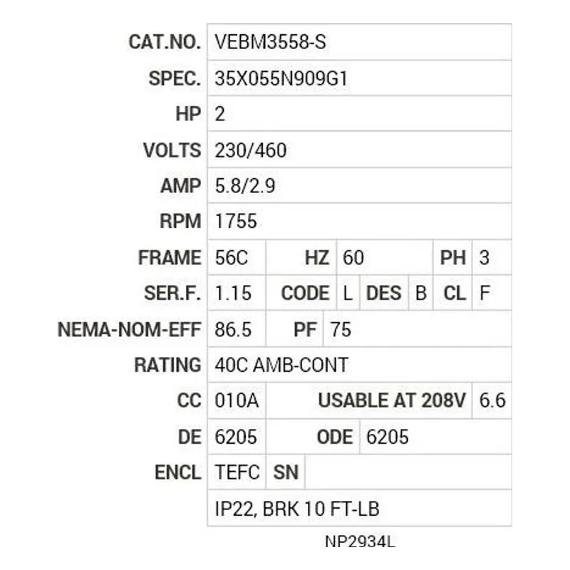 VEBM3558-S Baldor 2 HP, 1755 RPM, 3 PH, 60 HZ, 56C, 3528M, TEFC, F3, B Motor Nameplate - view 2