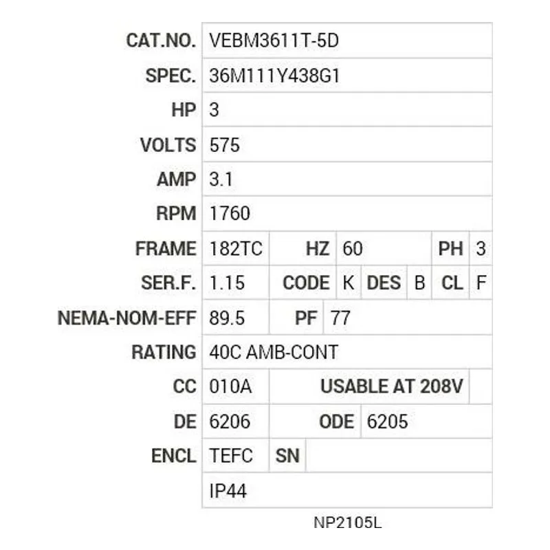 VEBM3611T-5D Baldor 3 HP, 1760 RPM, 3 PH, 60 HZ, 182TC, 3628M, TEFC, F1 Motor Nameplate - view 2