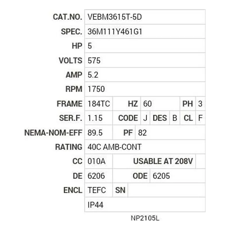 VEBM3615T-5D Baldor 5 HP, 1750 RPM, 3 PH, 60 HZ, 184TC, 3640M, TEFC, F1 Motor Nameplate - view 2