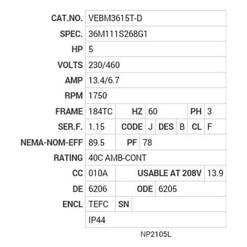 VEBM3615T-D Baldor 5 HP, 1750 RPM, 3 PH, 60 HZ, 184TC, 3642M, TEFC, F1 Motor Nameplate - view 2