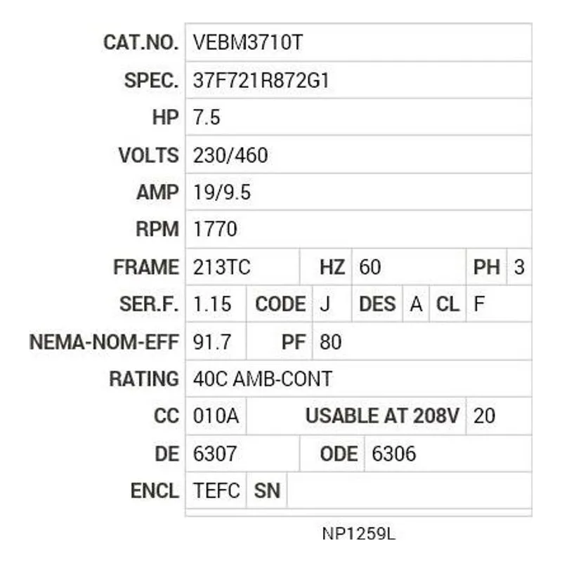 VEBM3710T Baldor 7.5 HP, 1770 RPM, 3 PH, 60 HZ, 213TC, 3738M, TEFC Motor Nameplate - view 2