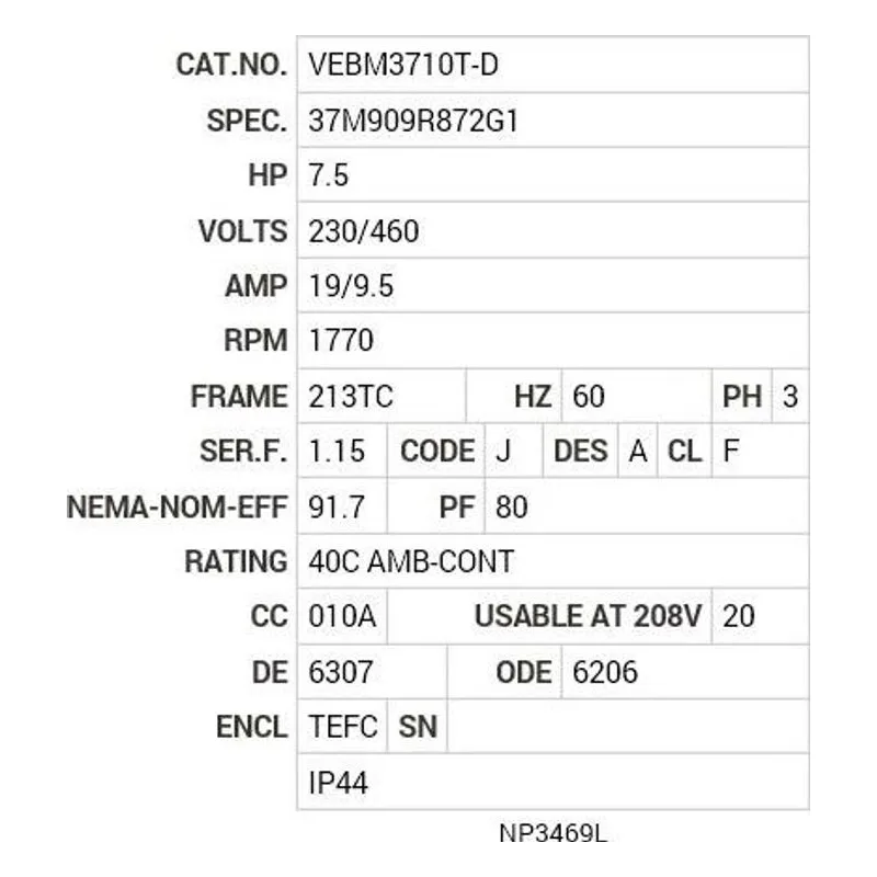 VEBM3710T-D Baldor 7.5 HP, 1770 RPM, 3 PH, 60 HZ, 213TC, 3738M, TEFC Motor Nameplate - view 2