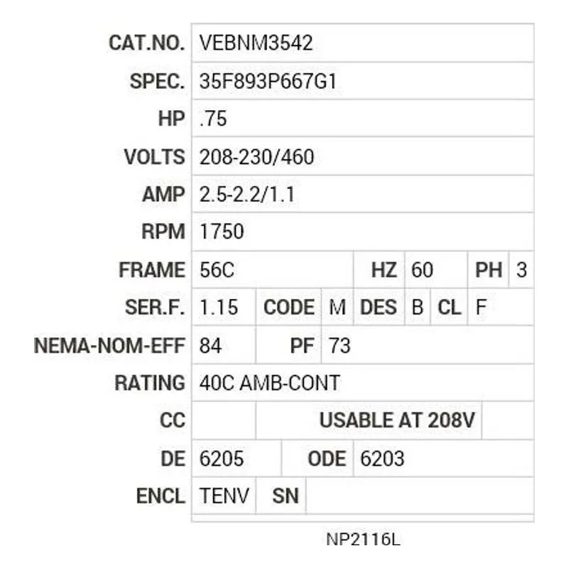 VEBNM3542 Baldor .75 HP, 1750 RPM, 3 PH, 60 HZ, 56C, 3517M, TENV, F1 Motor Nameplate - view 2