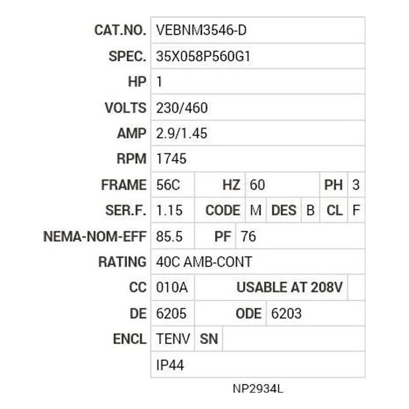 VEBNM3546-D Baldor 1 HP, 1745 RPM, 3 PH, 60 HZ, 56C, 3524M, TENV, F3, B Motor Nameplate - view 2