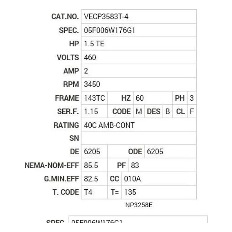 VECP3583T-4 Baldor 1.5 HP, 3450 RPM, 3 PH, 60 HZ, 143TC, 0524M, TEFC Motor Nameplate - view 2