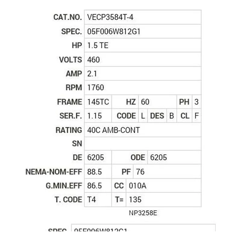 VECP3584T-4 Baldor 1.5 HP, 1760 RPM, 3 PH, 60 HZ, 145TC, 0530M, TEFC Motor Nameplate - view 2
