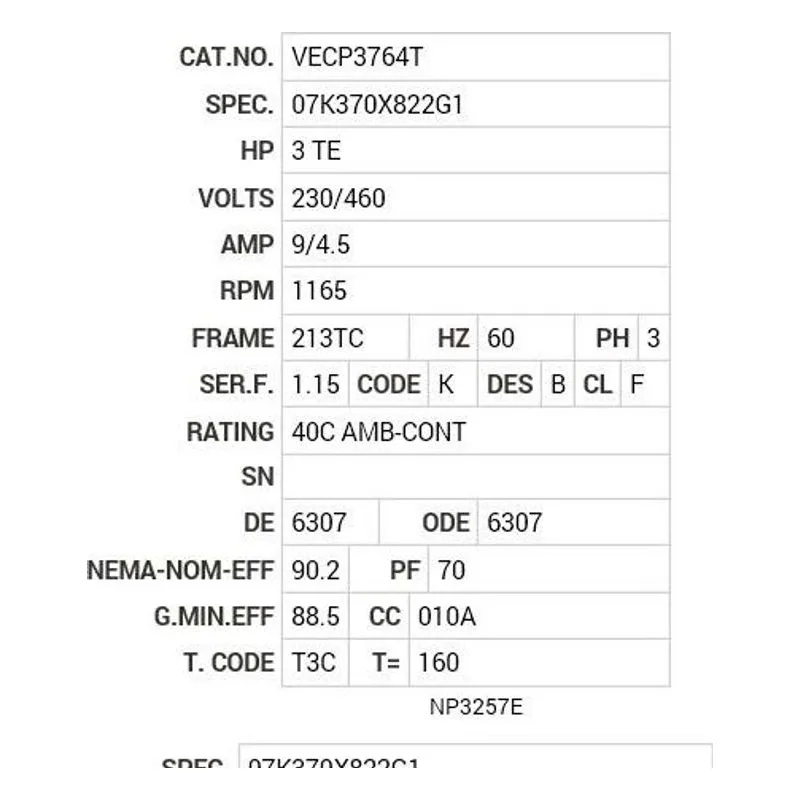 VECP3764T Baldor 3 HP, 1165 RPM, 3 PH, 60 HZ, 213TC, 0737M, TEFC, F1 Motor Nameplate - view 2