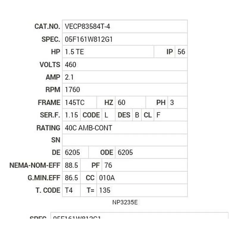 VECP83584T-4 Baldor 1.5 HP, 1760 RPM, 3 PH, 60 HZ, 145TC, 0530M, TEFC Motor Nameplate - view 2