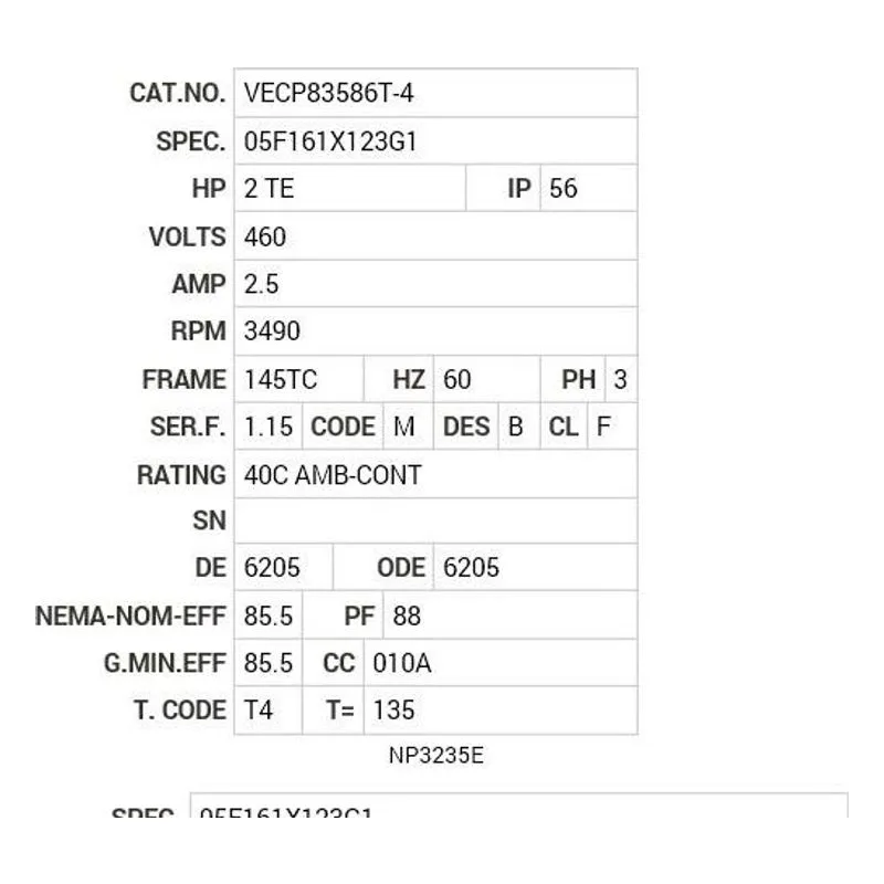 VECP83586T-4 Baldor 2 HP, 3490 RPM, 3 PH, 60 HZ, 145TC, 0526M, TEFC, F1 Motor Nameplate - view 2