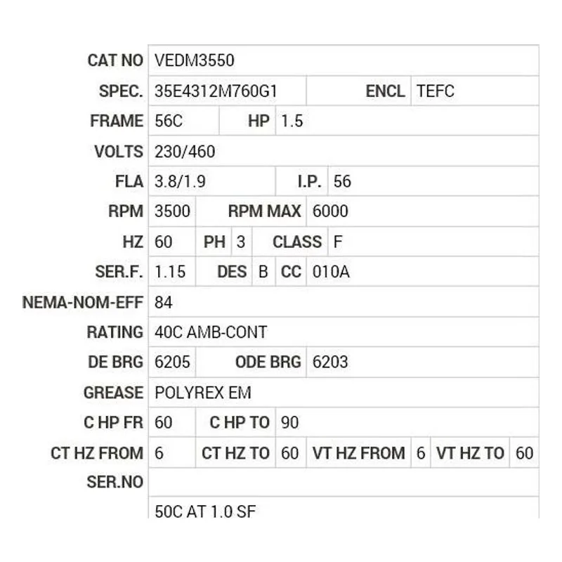 VEDM3550 Baldor 1.5 HP, 3500 RPM, 3 PH, 60 HZ, 56C, 3520M, TEFC, F1 Motor Nameplate - view 2