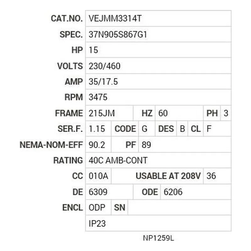 VEJMM3314T Baldor 15 HP, 3475 RPM, 3 PH, 60 HZ, 215JM, 3734M, ODP, F1 Motor Nameplate - view 2