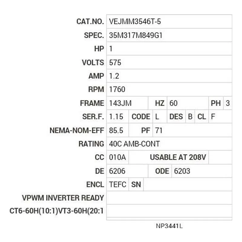 VEJMM3546T-5 Baldor 1 HP, 1760 RPM, 3 PH, 60 HZ, 143JM, 3519M, TEFC, F1 Motor Nameplate - view 2