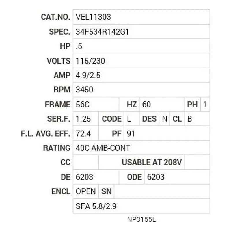 VEL11303 Baldor .5 HP, 3450 RPM, 1 PH, 60 HZ, 56C, 3413LC, OPEN, F1 Motor Nameplate - view 2
