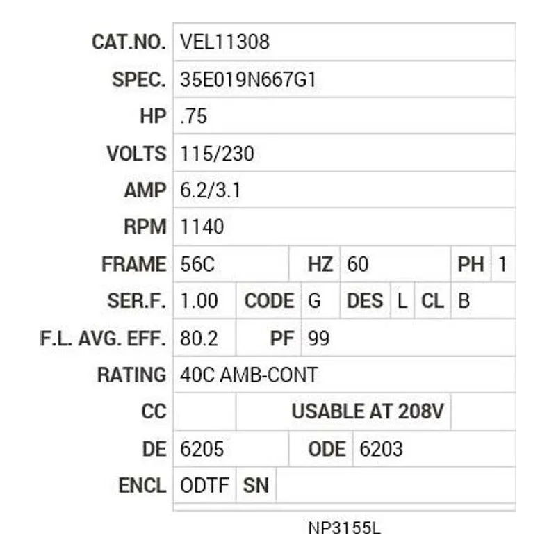 VEL11308 Baldor .75 HP, 1140 RPM, 1 PH, 60 HZ, 56C, 3530LC, ODTF, F Motor Nameplate - view 2