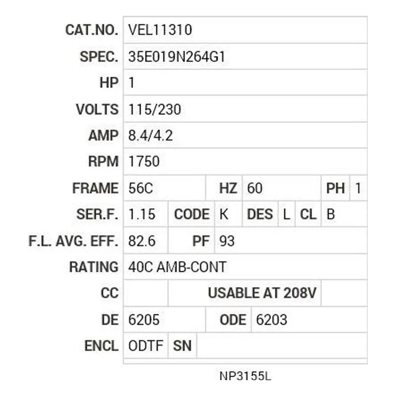 VEL11310 Baldor 1 HP, 1750 RPM, 1 PH, 60 HZ, 56C, 3528LC, ODTF, F1 Motor Nameplate - view 2
