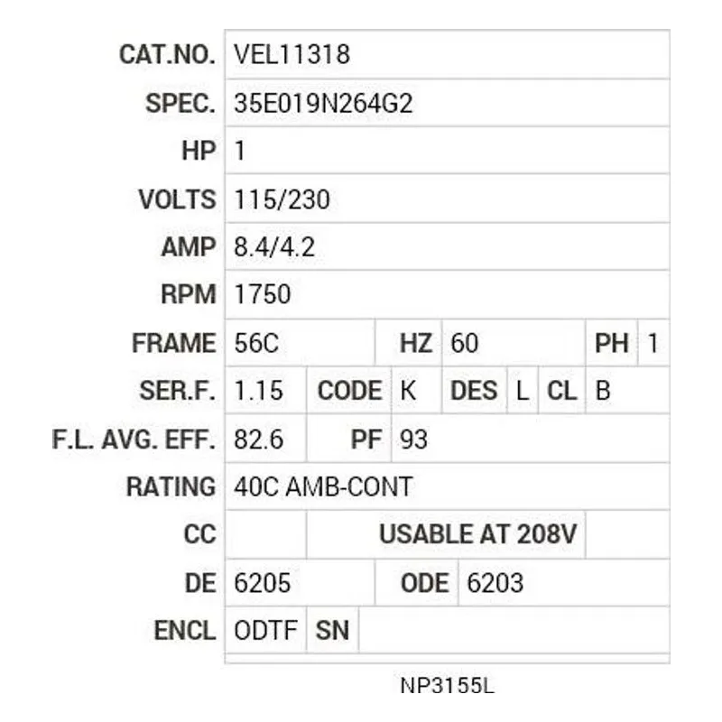 VEL11318 Baldor 1 HP, 1750 RPM, 1 PH, 60 HZ, 56C, 3528LC, ODTF, F1 Motor Nameplate - view 2