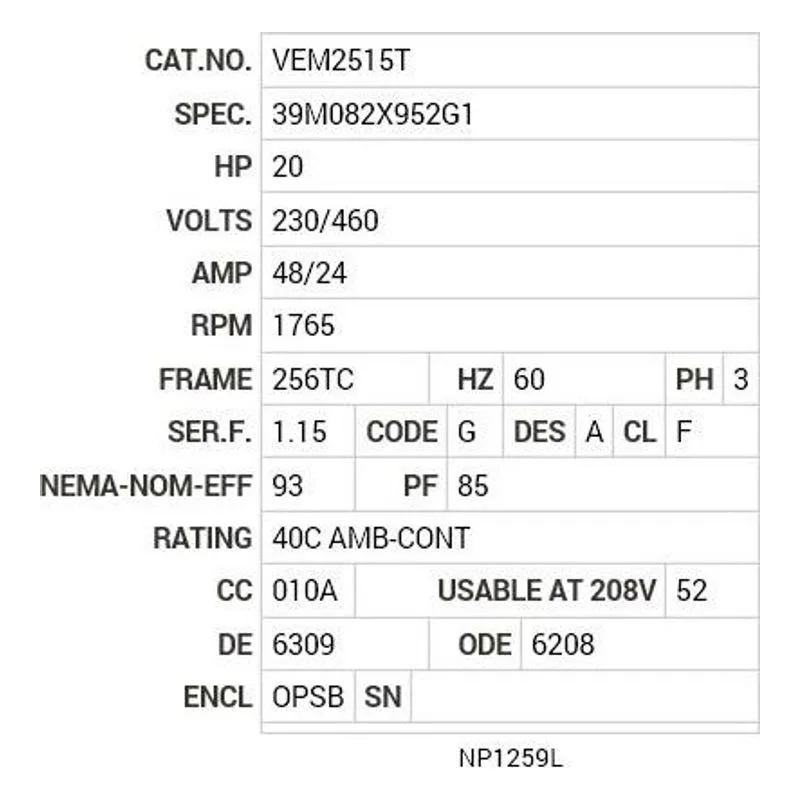 VEM2515T Baldor 20 HP, 1765 RPM, 3 PH, 60 HZ, 256TC, 3948M, ODP, F1 Motor Nameplate - view 2