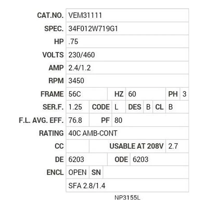 VEM31111 Baldor .75 HP, 3450 RPM, 3 PH, 60 HZ, 56C, 3416M, OPEN, F1 Motor Nameplate - view 2