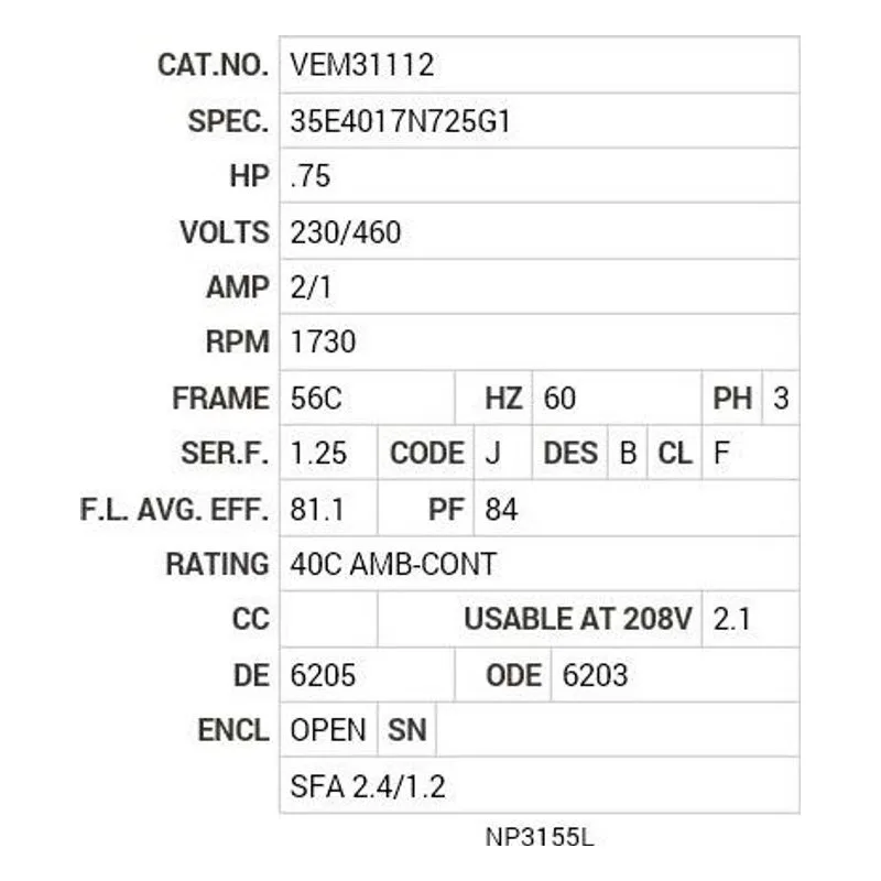 VEM31112 Baldor .75 HP, 1730 RPM, 3 PH, 60 HZ, 56C, 3516M, OPEN, F1 Motor Nameplate - view 2