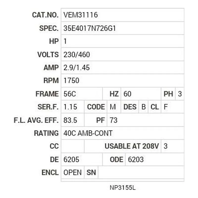 VEM31116 Baldor 1 HP, 1750 RPM, 3 PH, 60 HZ, 56C, 3520M, OPEN, F1, N Motor Nameplate - view 2