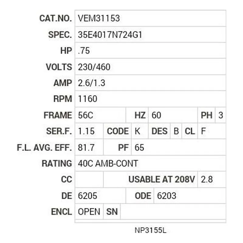 VEM31153 Baldor .75 HP, 1160 RPM, 3 PH, 60 HZ, 56C, 3524M, OPEN, F1 Motor Nameplate - view 2