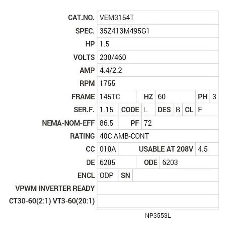 VEM3154T Baldor 1.5 HP, 1755 RPM, 3 PH, 60 HZ, 145TC, 3522M, ODP, F Motor Nameplate - view 2