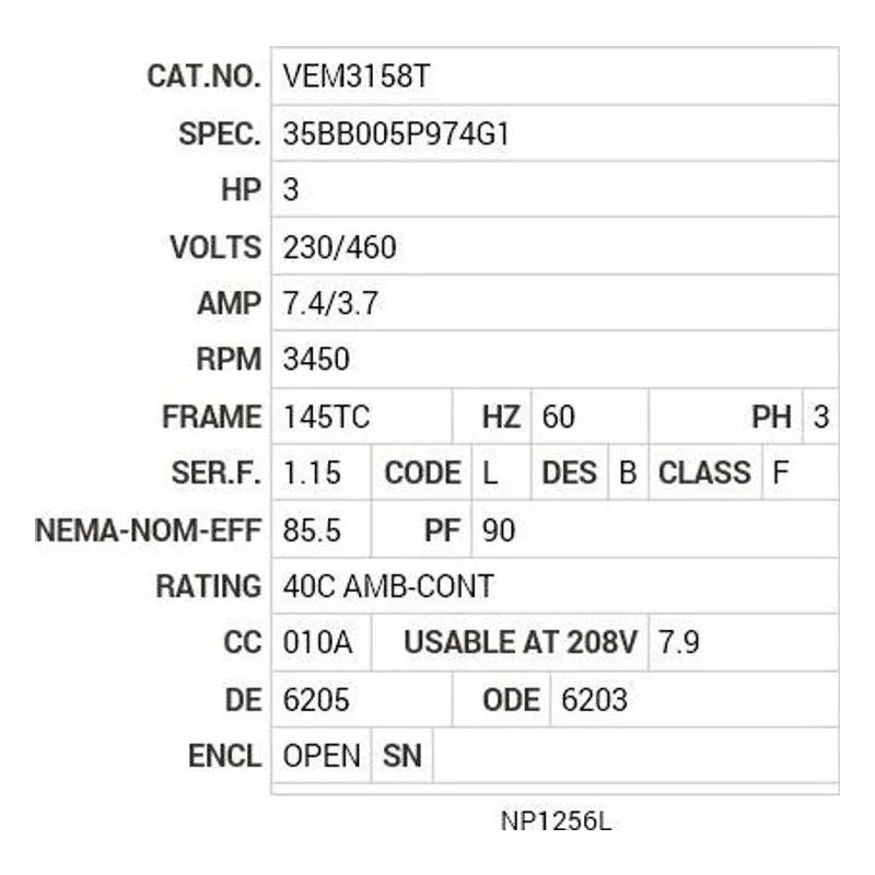 VEM3158T Baldor 3 HP, 3450 RPM, 3 PH, 60 HZ, 145TC, 3528M, ODP, F1 Motor Nameplate - view 2