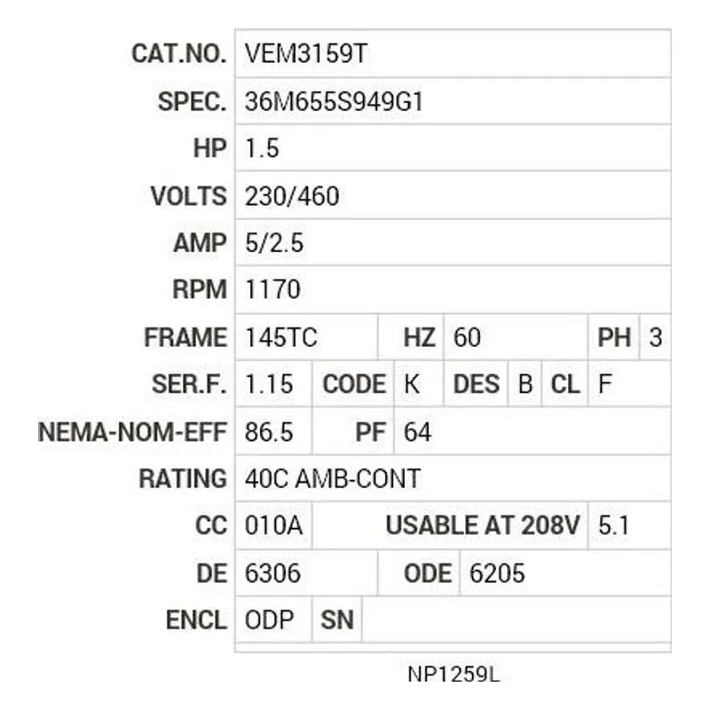 VEM3159T Baldor 1.5 HP, 1170 RPM, 3 PH, 60 HZ, 145TC, 3628M, ODP, F Motor Nameplate - view 2