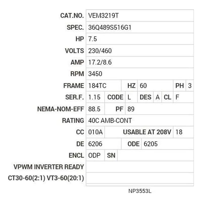 VEM3219T Baldor 7.5 HP, 3450 RPM, 3 PH, 60 HZ, 184TC, 3632M, ODP, F Motor Nameplate - view 2