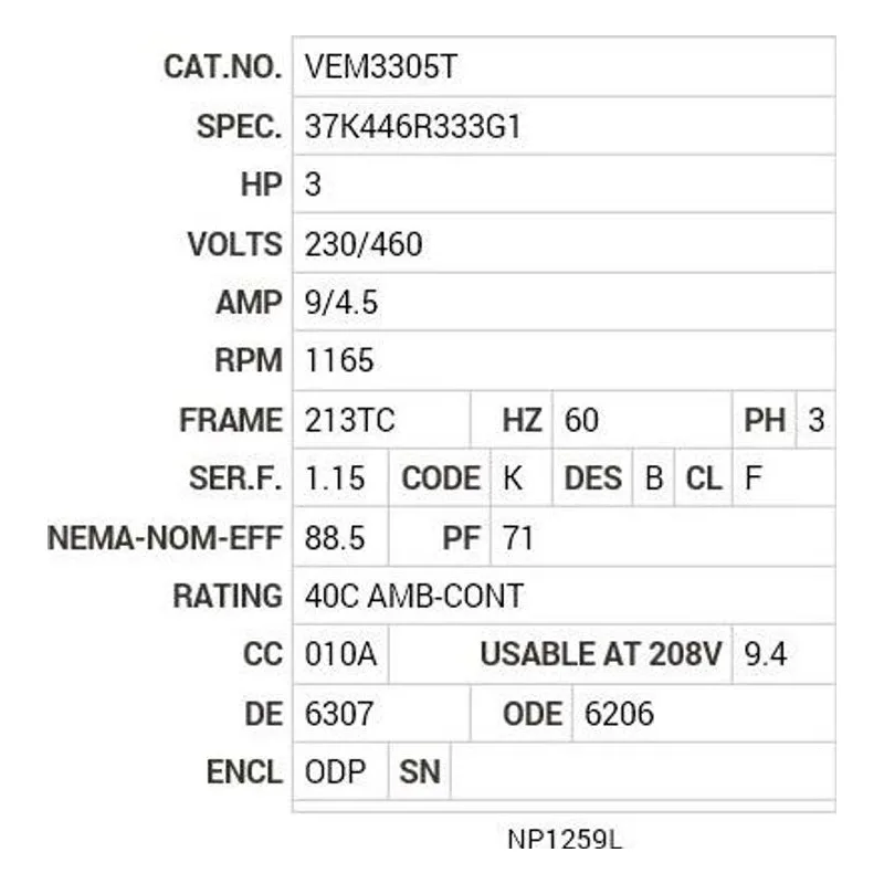 VEM3305T Baldor 3 HP, 1165 RPM, 3 PH, 60 HZ, 213TC, 3733M, ODP, F1 Motor Nameplate - view 2