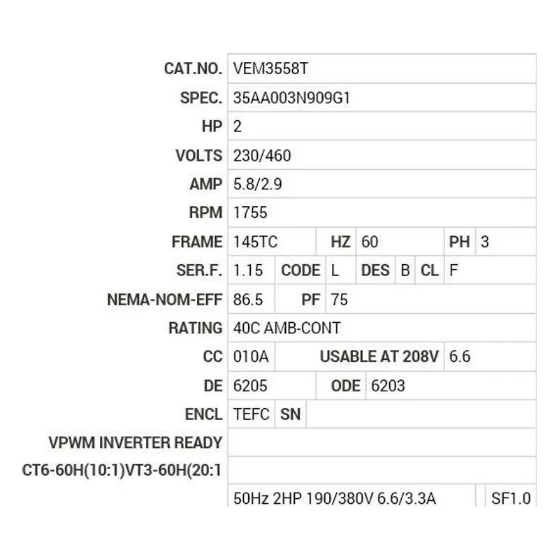 VEM3558T Baldor 2 HP, 1755 RPM, 3 PH, 60 HZ, 145TC, 3530M, TEFC, F1 Motor Nameplate - view 2