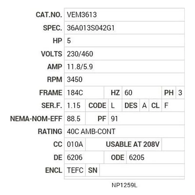 VEM3613 Baldor 5 HP, 3450 RPM, 3 PH, 60 HZ, 184C, 3630M, TEFC, F1 Motor Nameplate - view 2