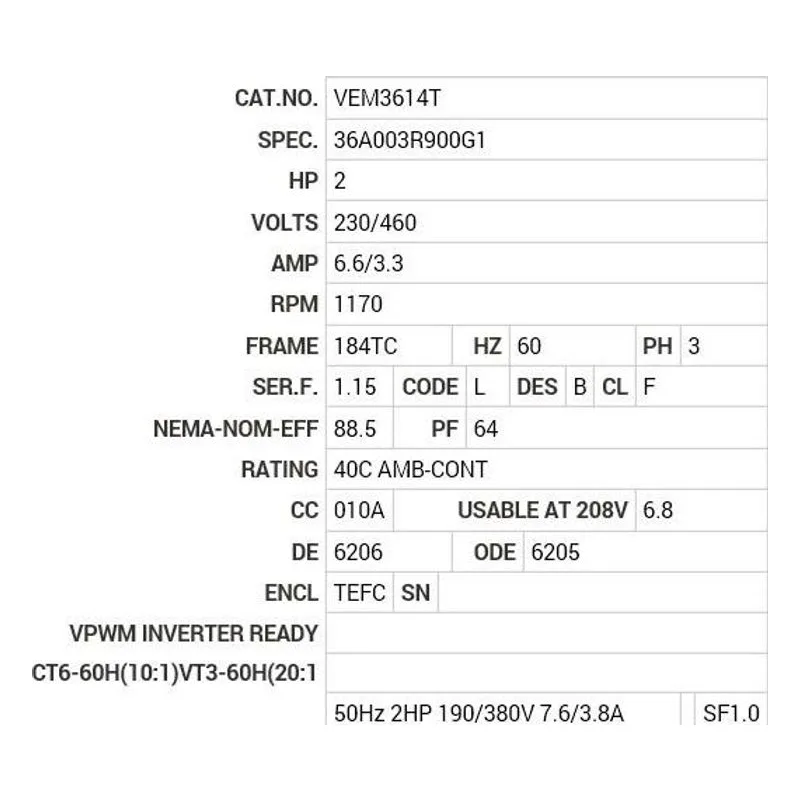 VEM3614T Baldor 2 HP, 1170 RPM, 3 PH, 60 HZ, 184TC, 3646M, TEFC, F1 Motor Nameplate - view 2