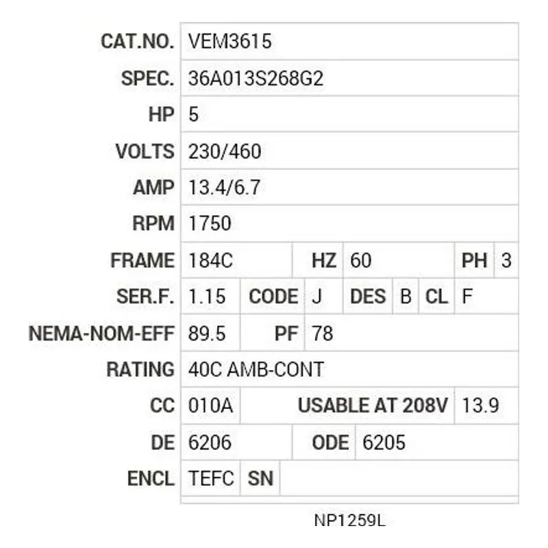 VEM3615 Baldor 5 HP, 1750 RPM, 3 PH, 60 HZ, 184C, 3642M, TEFC, F1 Motor Nameplate - view 2