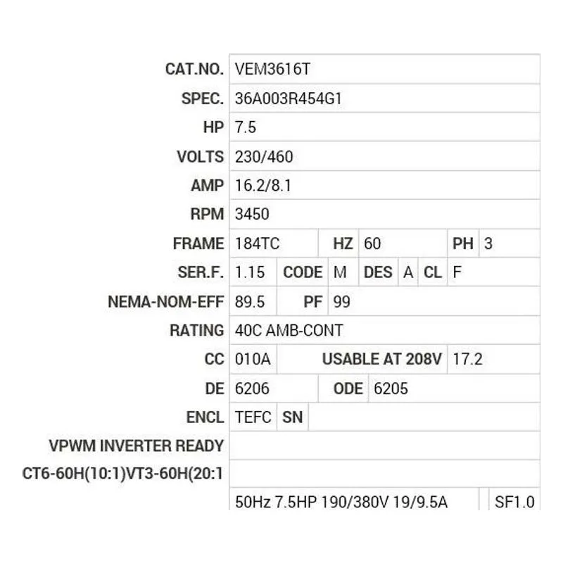 VEM3616T Baldor 7.5 HP, 3450 RPM, 3 PH, 60 HZ, 184TC, 3646M, TEFC Motor Nameplate - view 2