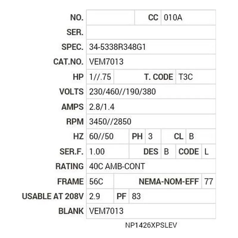 VEM7013 Baldor 1//.75 HP, 3450//2850 RPM, 3 PH, 60//50 HZ, 56C Motor Nameplate - view 2