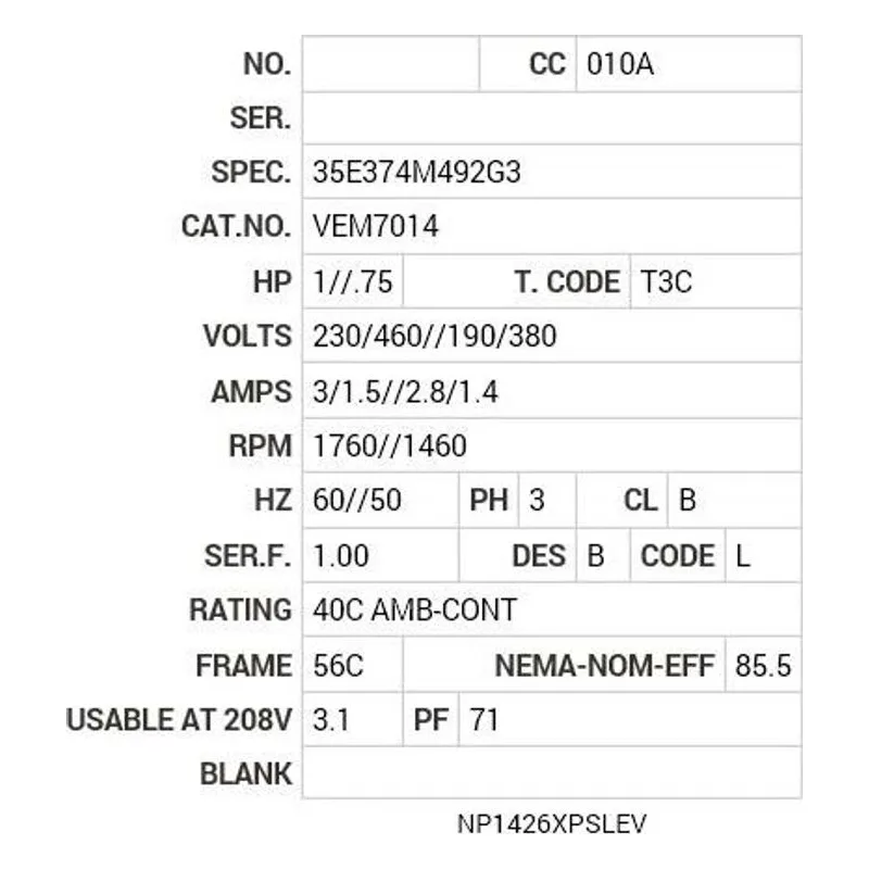 VEM7014 Baldor 1//.75 HP, 1760//1460 RPM, 3 PH, 60//50 HZ, 56C Motor Nameplate - view 2