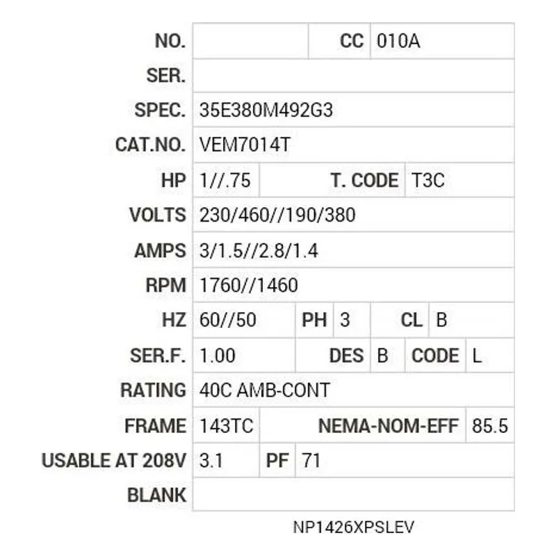 VEM7014T Baldor 1//.75 HP, 1760//1460 RPM, 3 PH, 60//50 HZ, 143T Motor Nameplate - view 2