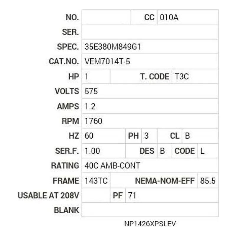 VEM7014T-5 Baldor 1 HP, 1760 RPM, 3 PH, 60 HZ, 143TC, 3519M, XPFC, F1 Motor Nameplate - view 2