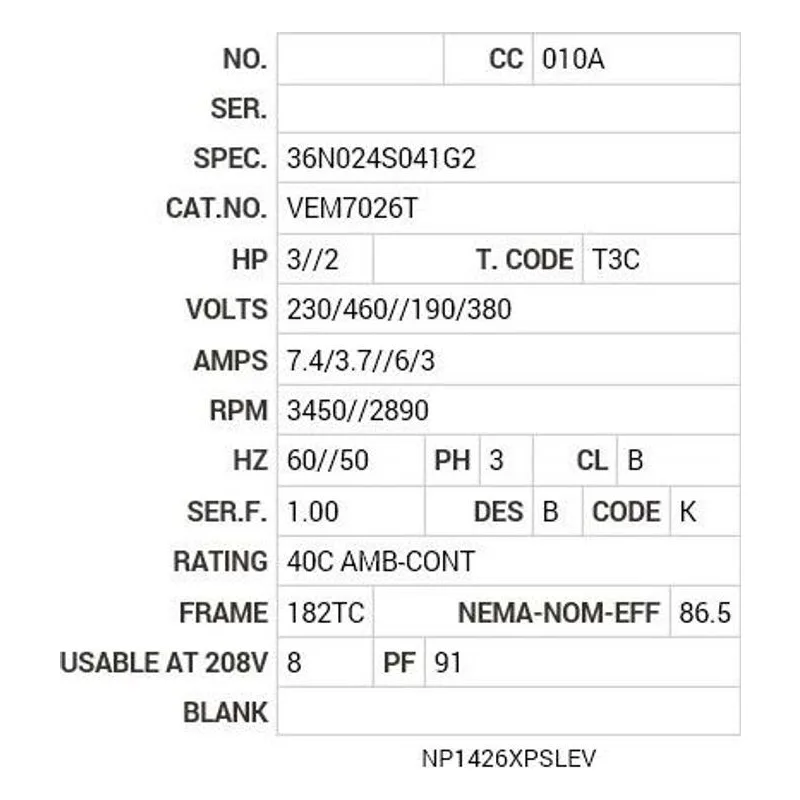 VEM7026T Baldor 3//2 HP, 3450//2890 RPM, 3 PH, 60//50 HZ, 182TC Motor Nameplate - view 2