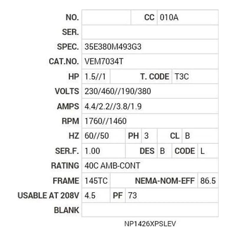 VEM7034T Baldor 1.5//1 HP, 1760//1460 RPM, 3 PH, 60//50 HZ, 145T Motor Nameplate - view 2
