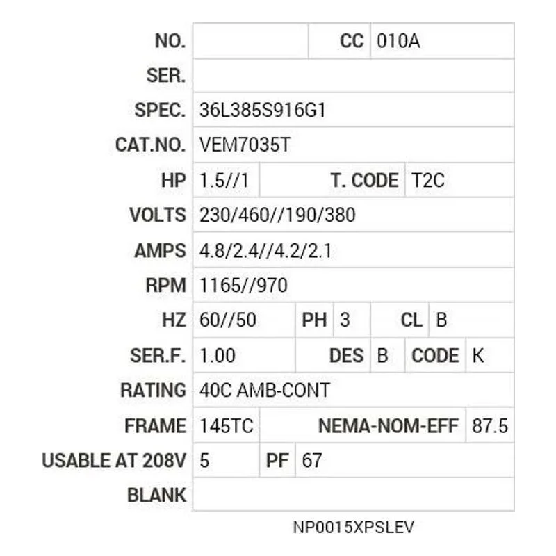 VEM7035T Baldor 1.5//1 HP, 1165//970 RPM, 3 PH, 60//50 HZ, 145TC Motor Nameplate - view 2