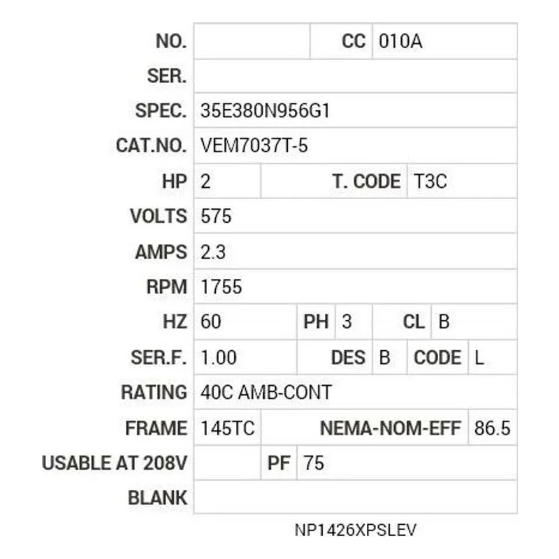 VEM7037T-5 Baldor 2 HP, 1755 RPM, 3 PH, 60 HZ, 145TC, 3528M, XPFC, F1 Motor Nameplate - view 2