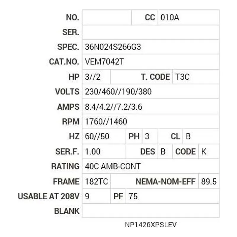VEM7042T Baldor 3//2 HP, 1760//1460 RPM, 3 PH, 60//50 HZ, 182TC Motor Nameplate - view 2