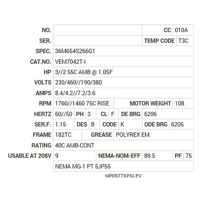 VEM7042T-I Baldor 3//2  55C AMB @ 1.0SF HP, 1760//1460  75CR Motor Nameplate - view 2