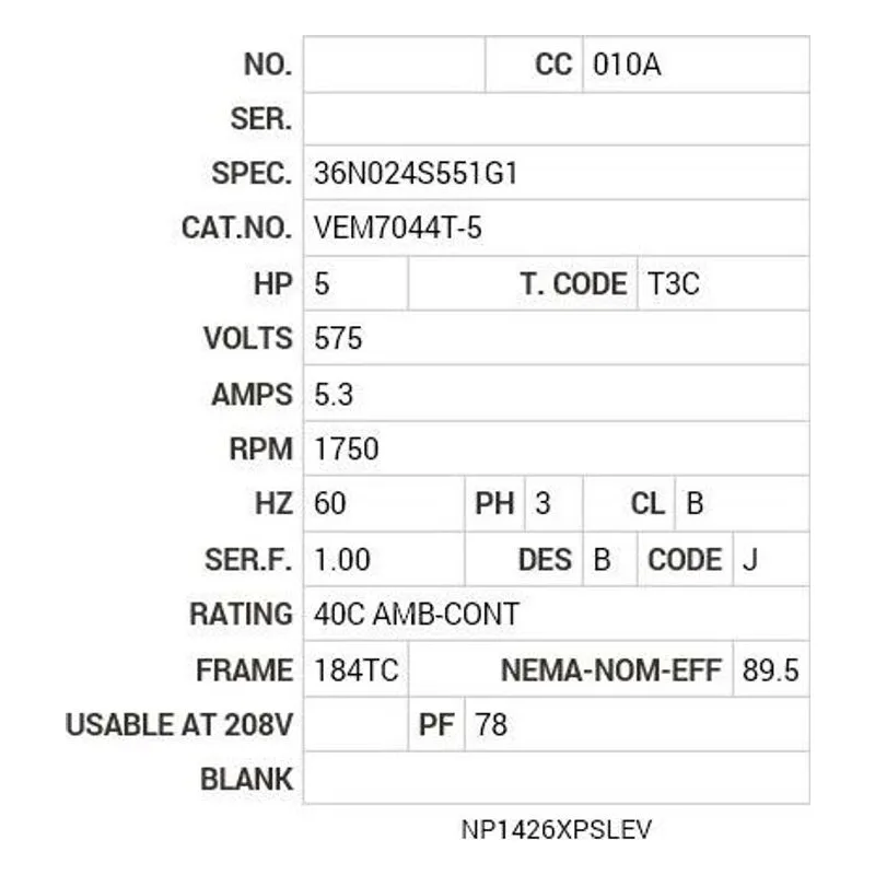 VEM7044T-5 Baldor 5 HP, 1750 RPM, 3 PH, 60 HZ, 184TC, 3642M, XPFC, F1 Motor Nameplate - view 2